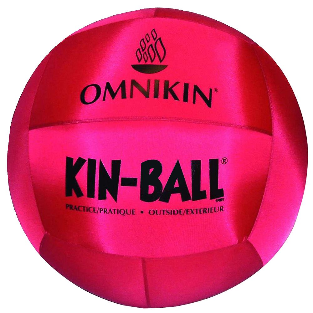 Rosa Omnikin Kin-Ball. Aufschrift: OMNIKIN, KIN-BALL. Text: PRACTICE/PRATIQUE, OUTSIDE/EXTERIEUR. Logo. Rundes Produkt.