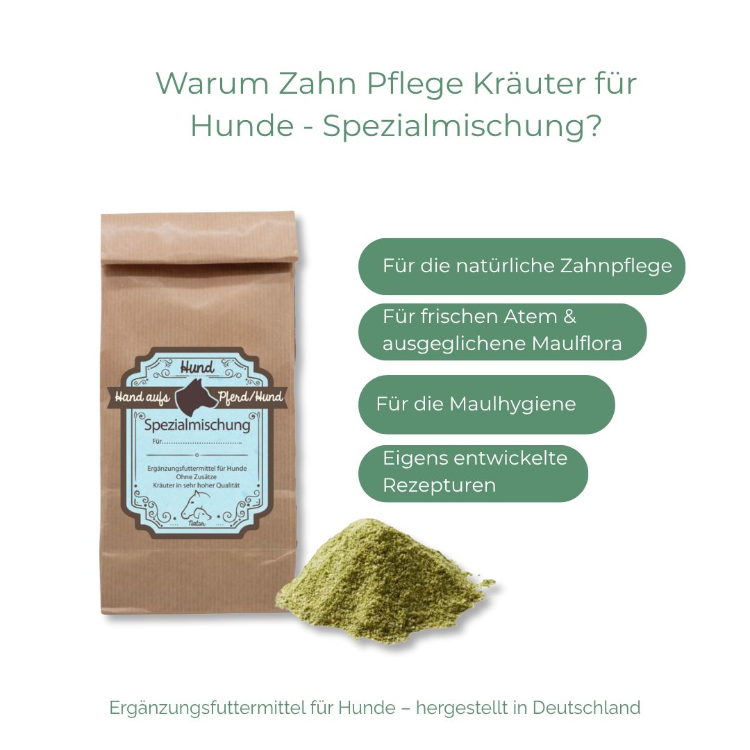 Braune Papiertüte mit blauem Etikett und grüner Kräutermischung daneben. Text: Warum Zahn Pflege Kräuter für Hunde?