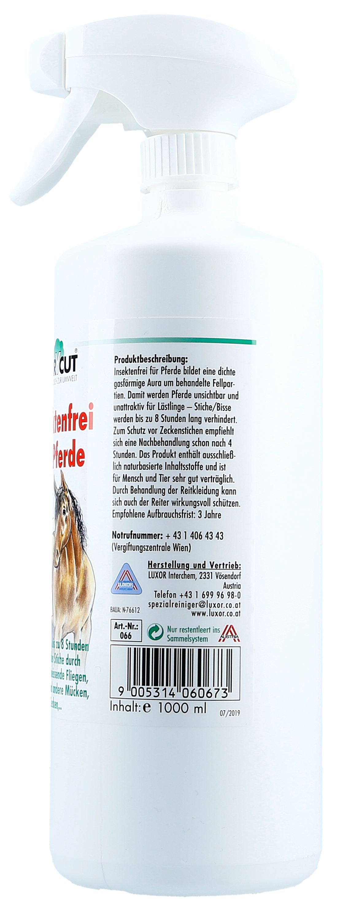 Rückseite PERYCUT Insektenfrei für Pferde: Sprühflasche mit Textinformationen, Siegeln und Barcode. 1000ml.