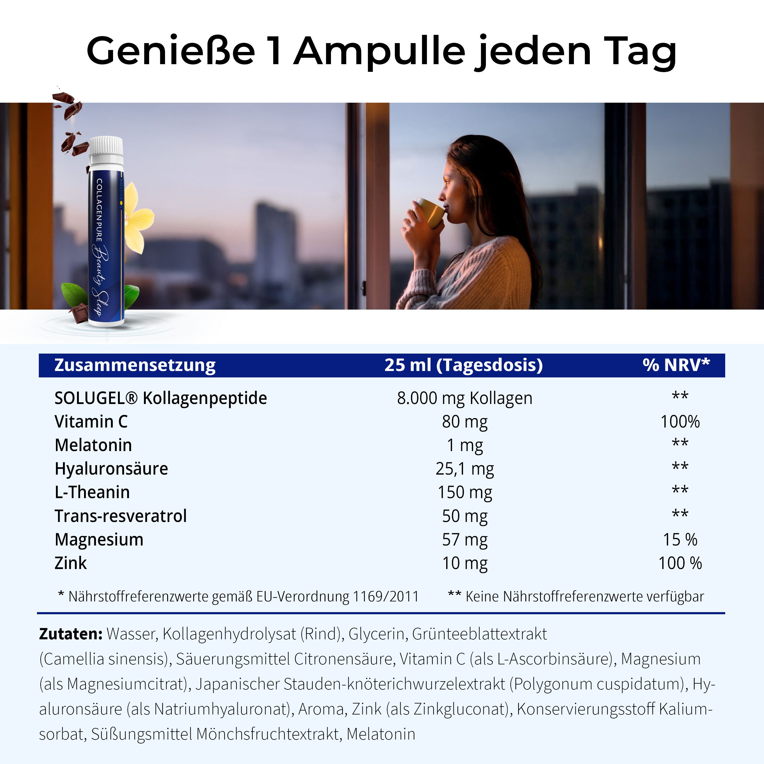 Frau trinkt eine Ampulle vor einem Fenster. Eine Tabelle zeigt die Zusammensetzung und Nährwerte pro Tagesdosis.