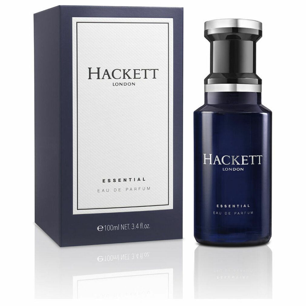 Dunkelblaue Flasche und Schachtel. Aufschrift: HACKETT LONDON ESSENTIAL EAU DE PARFUM. 100ml.
