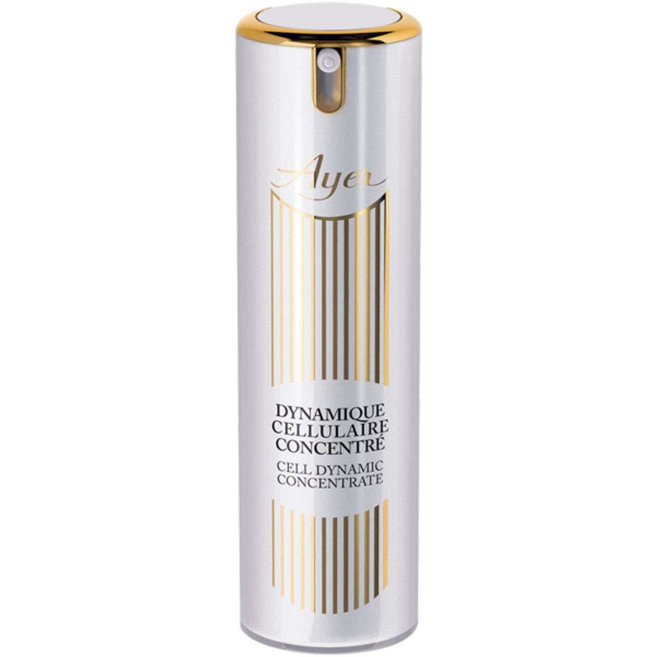 Zylindrische Flasche mit goldfarbenen Akzenten. Aufschrift: Ayer, Dynamique Cellulaire Concentré, Cell Dynamic Concentrate.