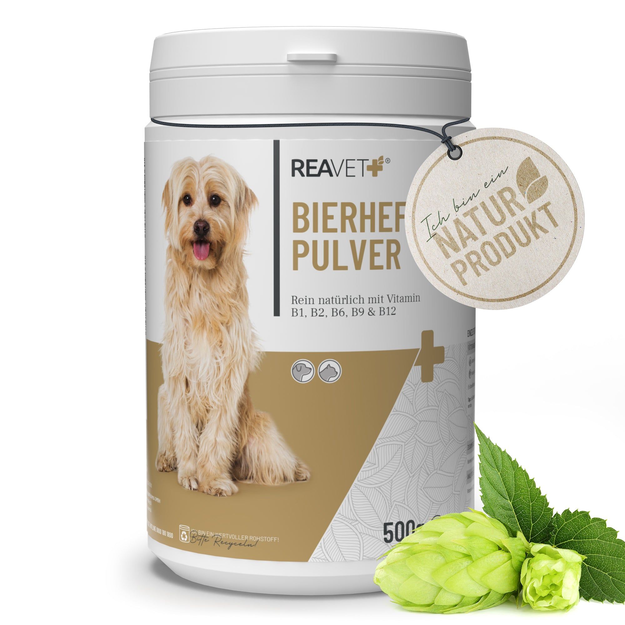 Weiße Dose mit Etikett. Aufschrift: Bierhefe Pulver. Hund auf dem Etikett. Anhänger: Naturprodukt. Hopfen und Blätter.