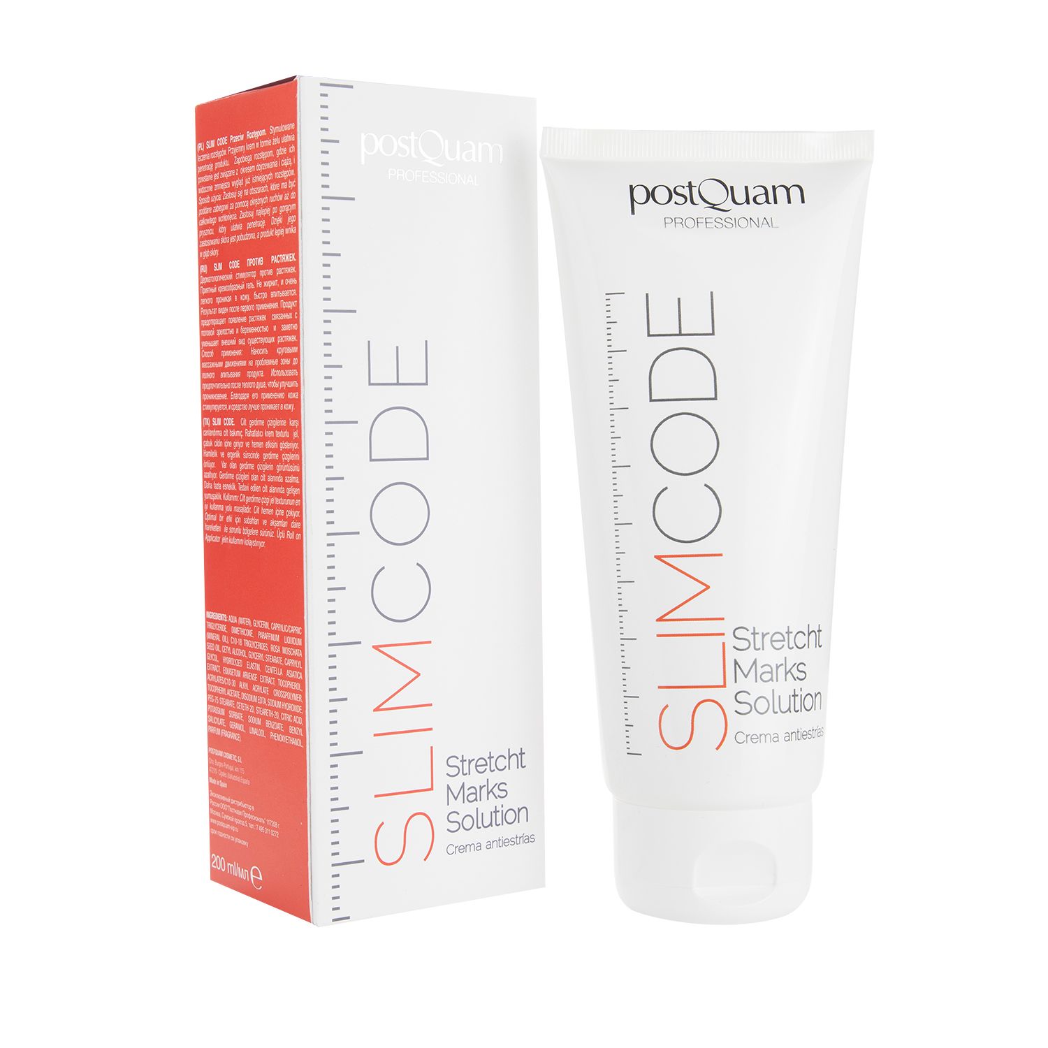 Weiße Tube und Schachtel mit roter Aufschrift SLIMCODE und Stretch Marks Solution. Marke Postquam.