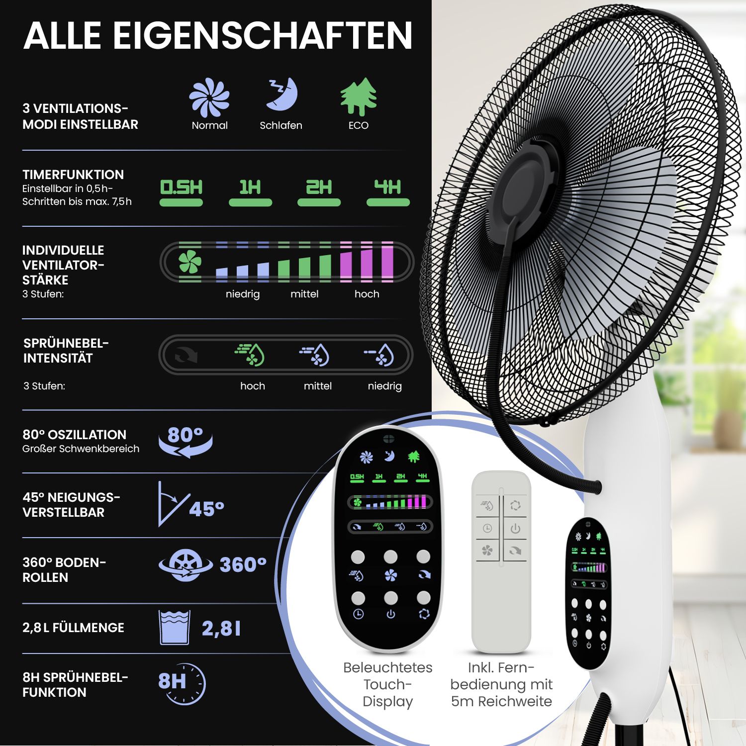 aktimeo Standventilator mit Luftbefeuchtung, Timer, Wassertank, Nebelfunktion