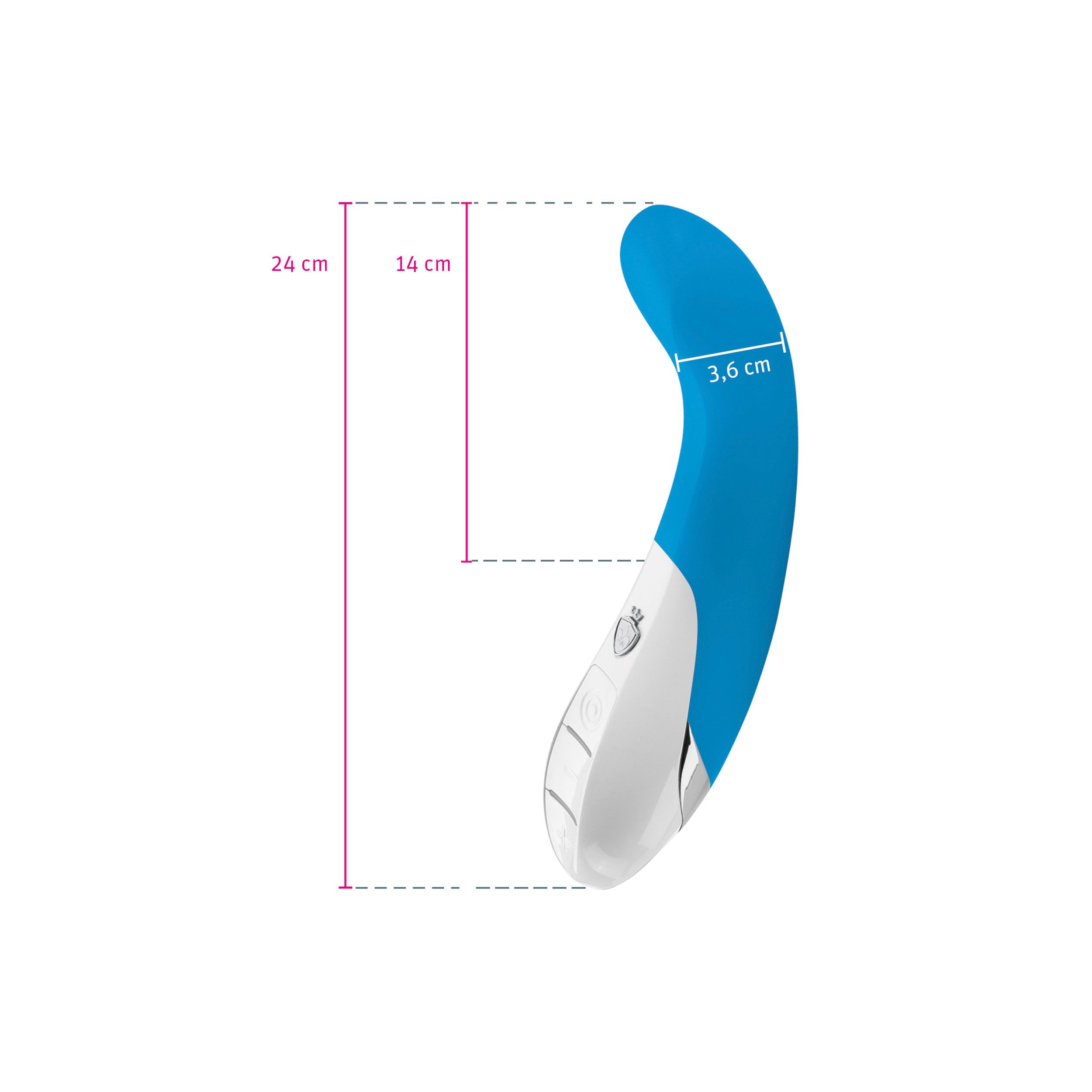 Blauer Vibrator mit weißem Bedienfeld. Maße: 24 cm lang, 14 cm breit, 3,6 cm dick.