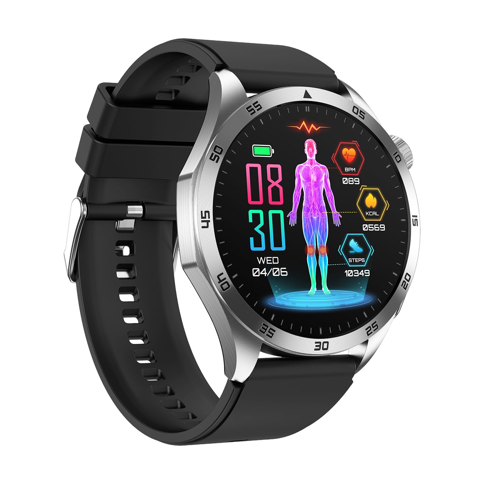 Smartwatch mit rundem Zifferblatt, silbernem Gehäuse und schwarzem Armband. Anzeige mit Gesundheitsdaten, Datum und Uhrzeit.