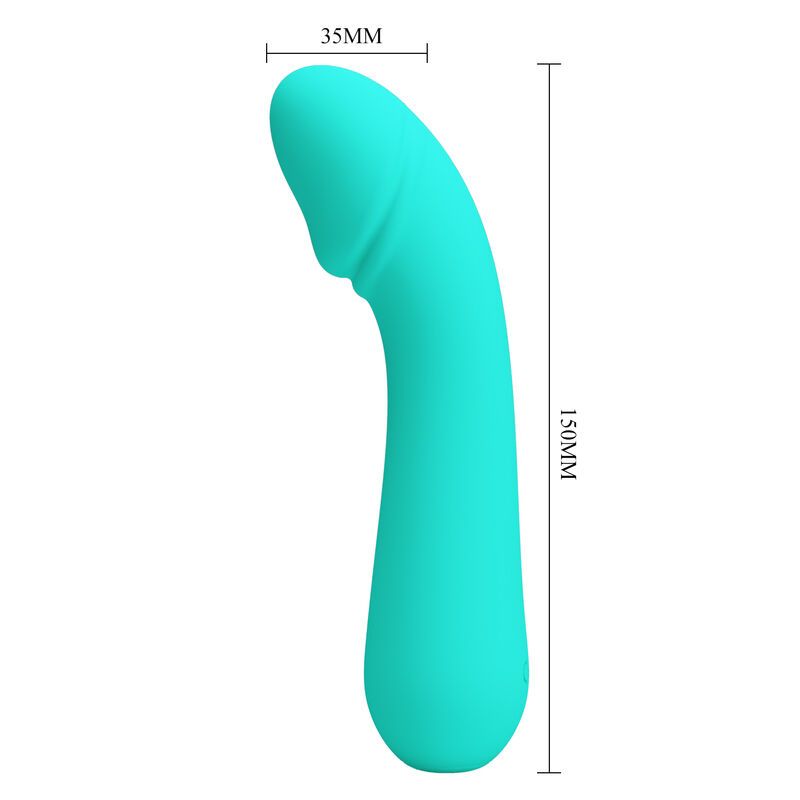 Türkisfarbener Vibrator mit gebogener Form. Maße: 150mm x 35mm. Glatte Oberfläche.