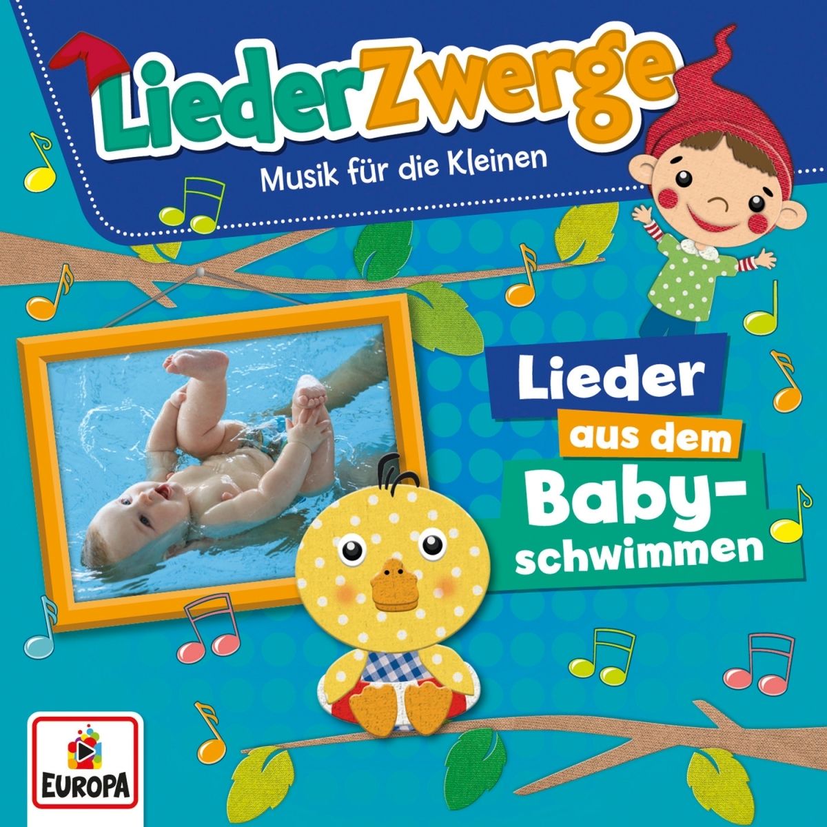 CD-Cover mit Titel "LiederZwerge". Illustration: Zwerg, Ente, Baby im Wasser. Text: "Musik für die Kleinen", "Lieder aus dem Babyschwimmen".