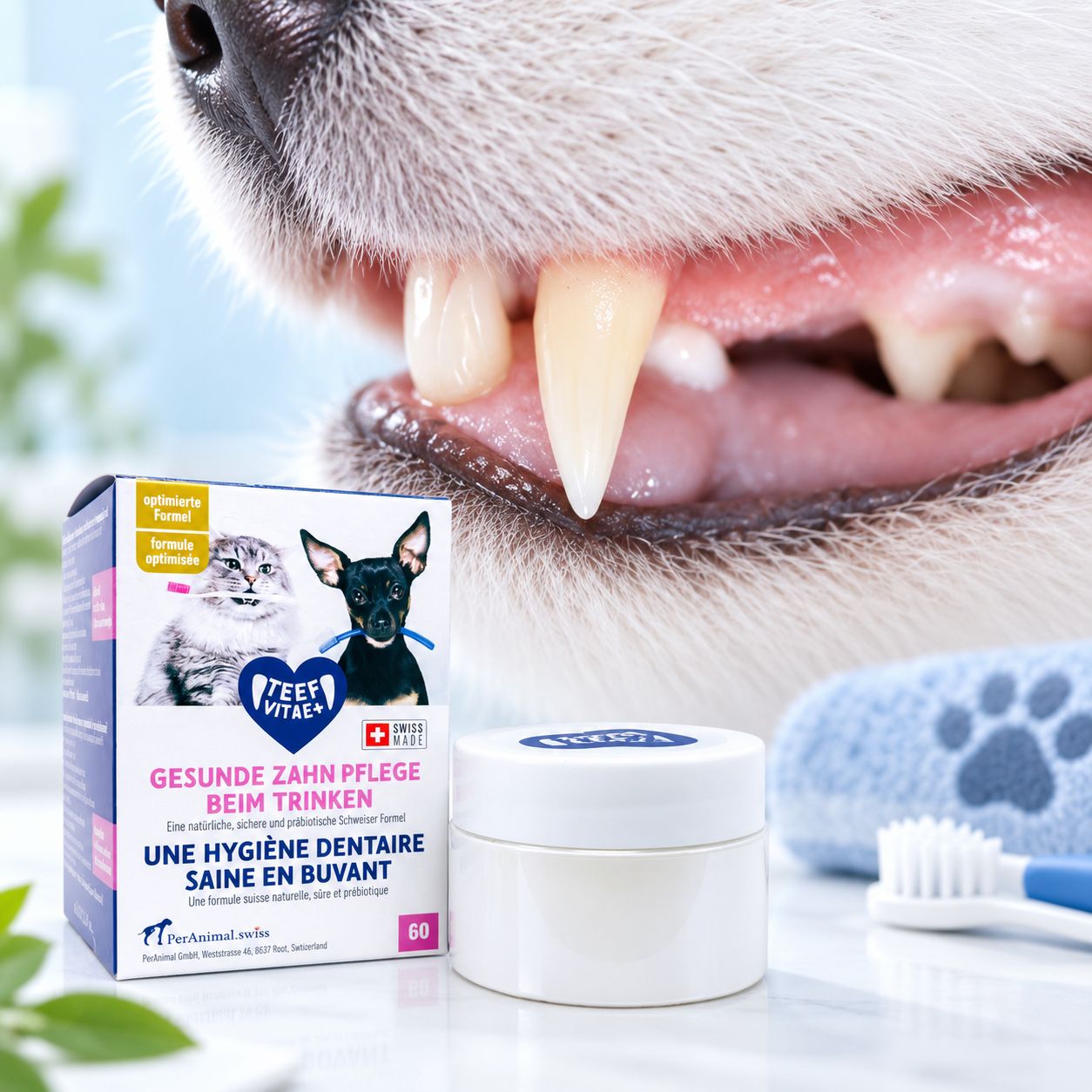 Nahaufnahme von Hundegebiss mit Zahnpflegeprodukt. Kartonverpackung und Tiegel daneben. Swiss Made Logo sichtbar.