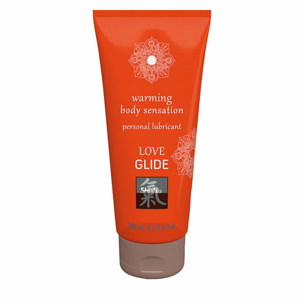 Orange Tube mit braunem Deckel. Aufschrift: Love Glide, warming body sensation, personal lubricant. Logo.