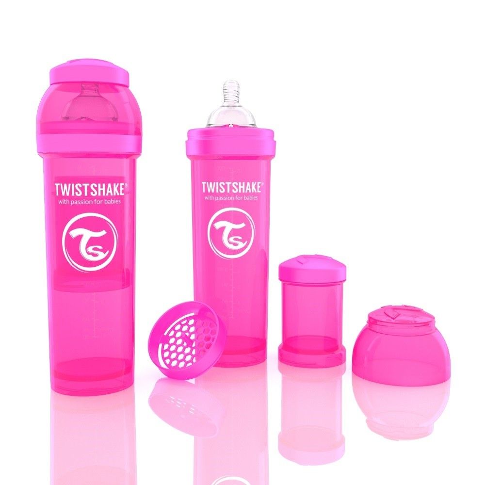 Rosa Trinkflasche mit Zubehör. Aufschrift: Twistshake. Enthält Flaschen, Deckel, Sieb und Behälter.