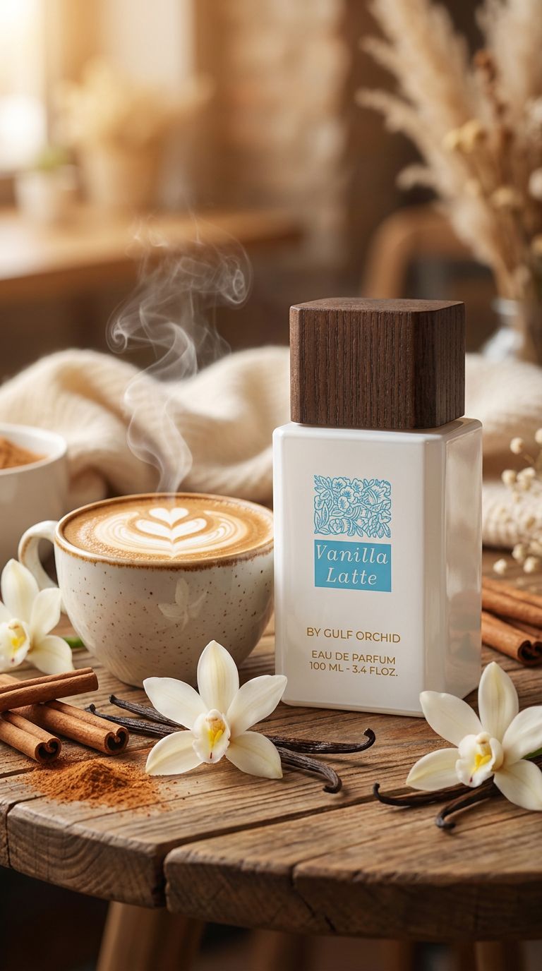 Parfümflakon "Vanilla Latte" mit Holzdeckel neben einer dampfenden Kaffeetasse und Vanilleschoten.