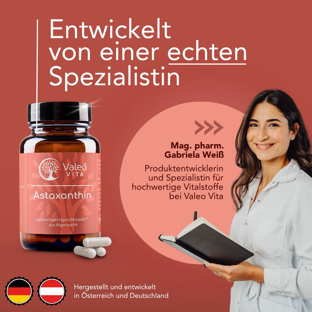 Produktflasche mit Kapseln neben Frau. Text: Entwickelt von einer echten Spezialistin. Logo und Text: Valeo Vita Astaxanthin.