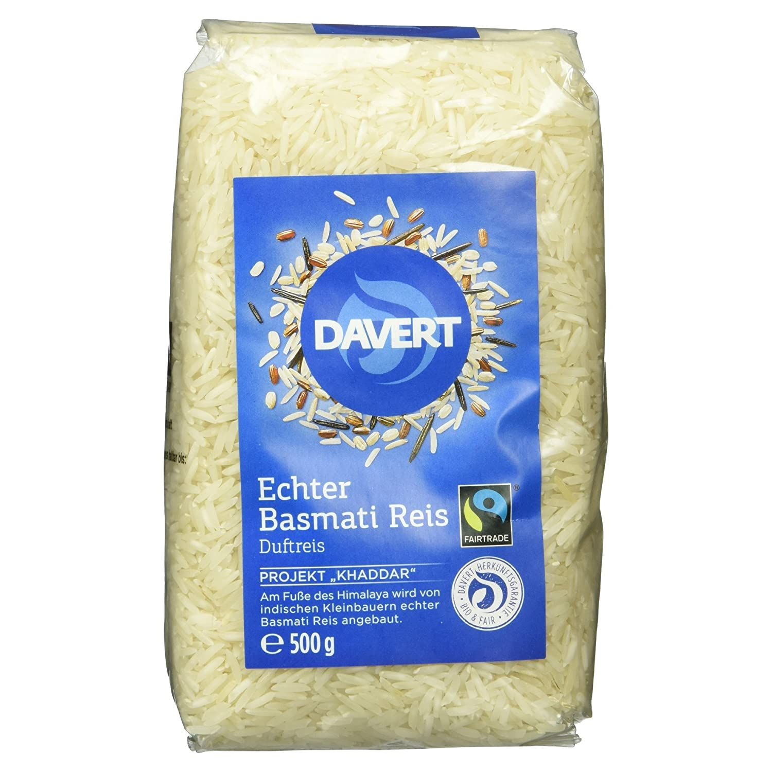 Davert Echter Basmati Reis, weiß, 500g Packung mit Fairtrade-Siegel.