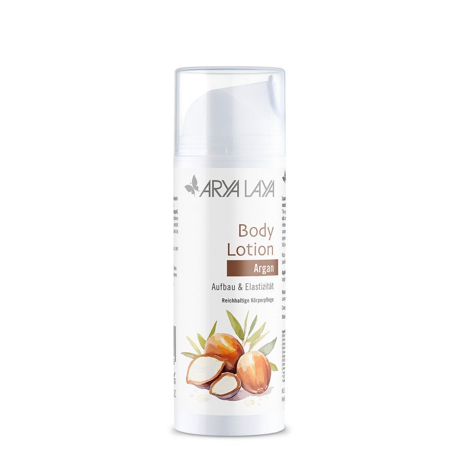 Flasche Arya Laya Body Lotion mit Arganöl, Aufbau & Elastizität.