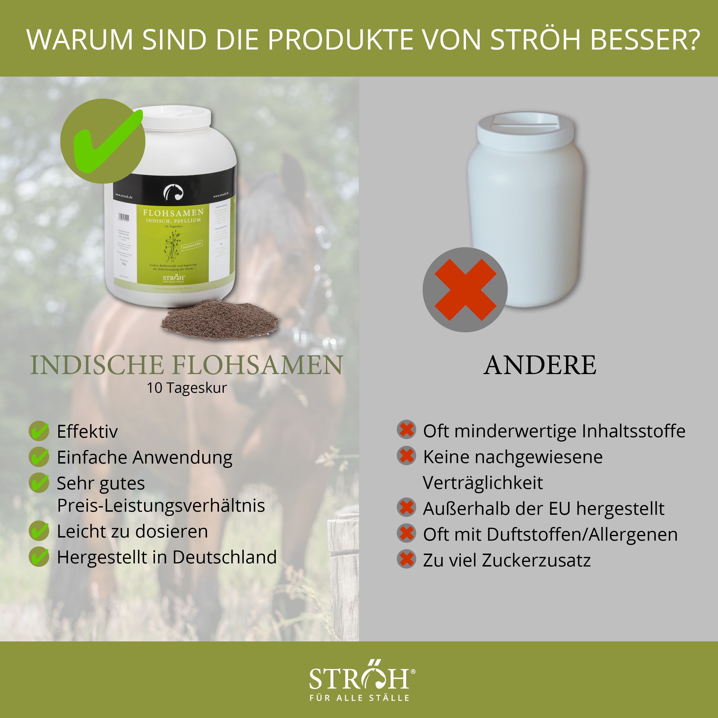 Vergleich: Indische Flohsamen (Behälter) vs. andere. Text: Effektiv, einfache Anwendung, gutes Preis-Leistungs-Verhältnis, STRÖH.