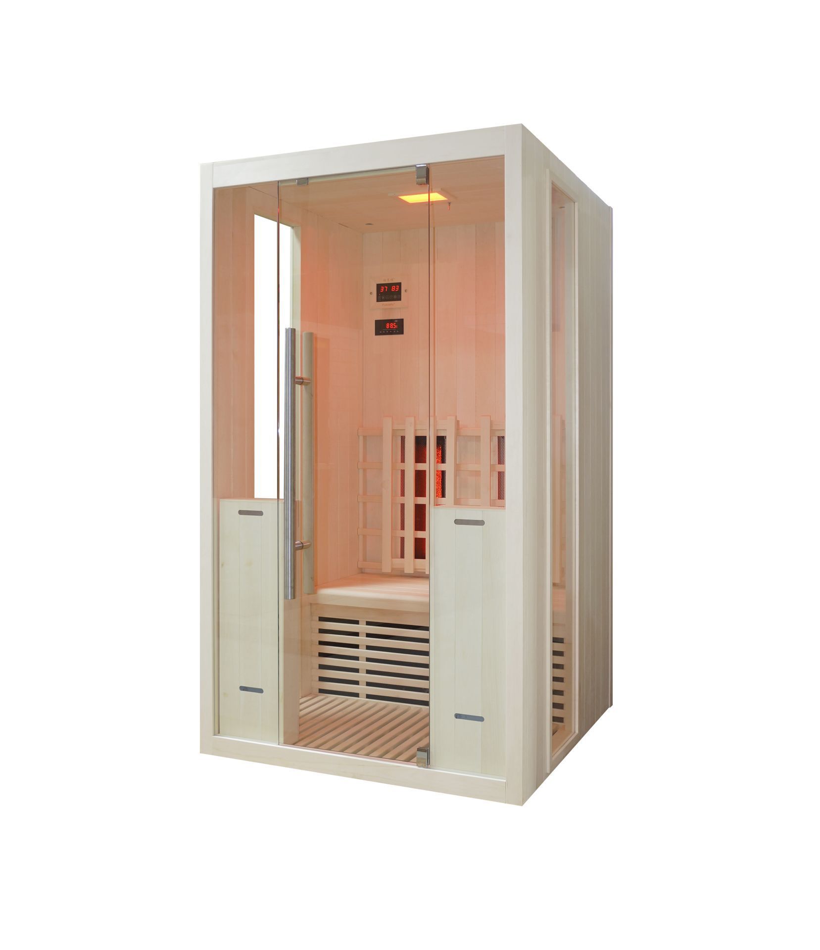 Infrarotsauna mit Glasfront und Holzelementen. Innenraum mit Sitzbank und Heizstrahlern. Tür mit Griff.