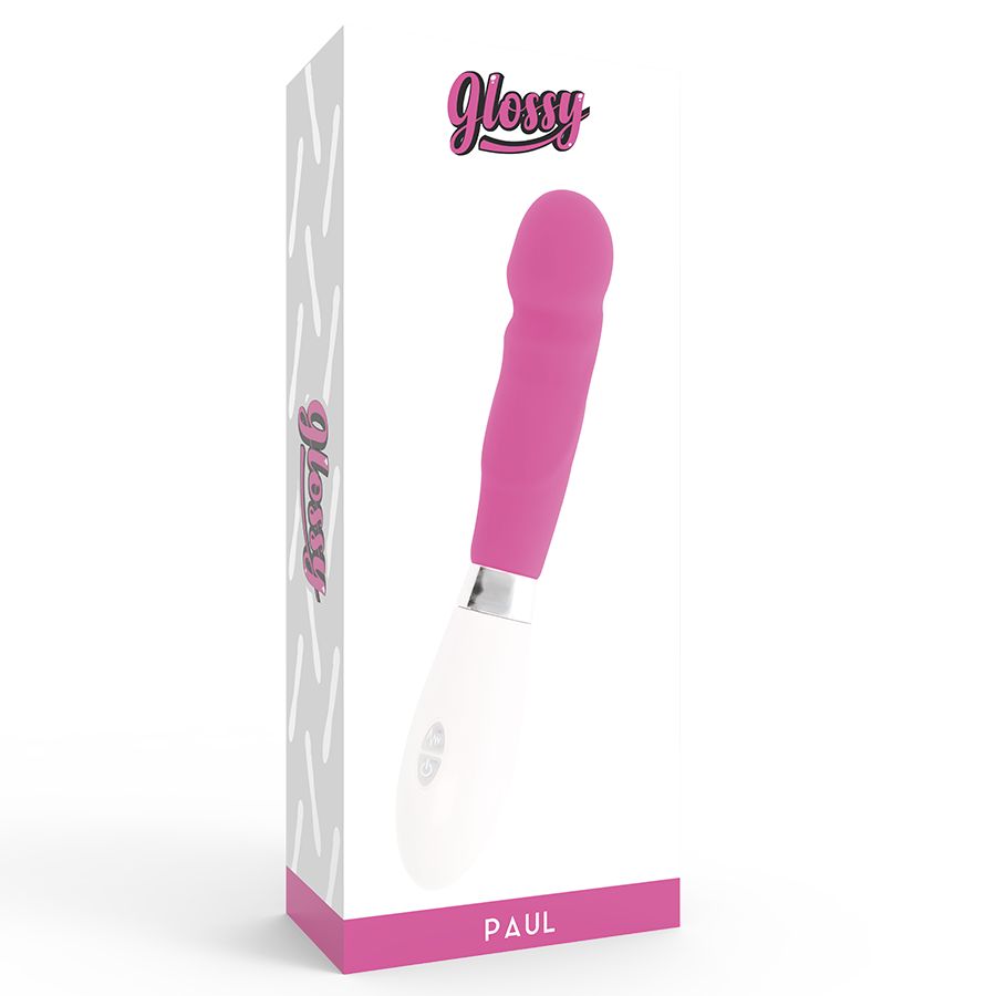 Verpackung mit pinkfarbenem Vibrator. Aufschrift "Glossy" und "PAUL". Weiß-pinkfarbenes Design.