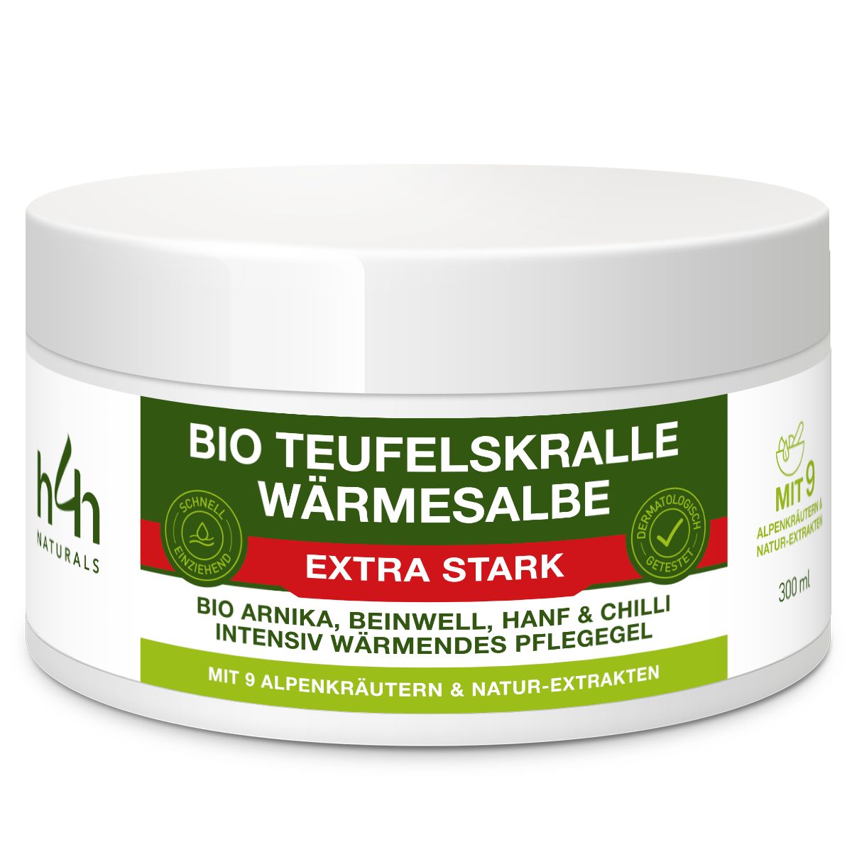Weißes Tiegel mit grünem Etikett. Text: BIO TEUFELSKRALLE WÄRMESALBE EXTRA STARK. Aufschrift: H4H Naturals. Dermatologisch getestet. 300ml.