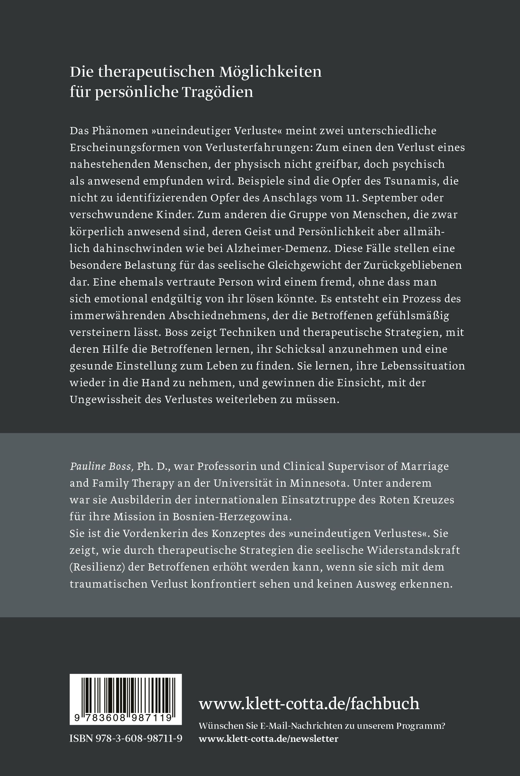 Buchcover: Titel 'Verlust, Trauma und Resilienz'. Autorin Pauline Boss. Verlag Klett-Cotta. Weiße Blume im Vordergrund.