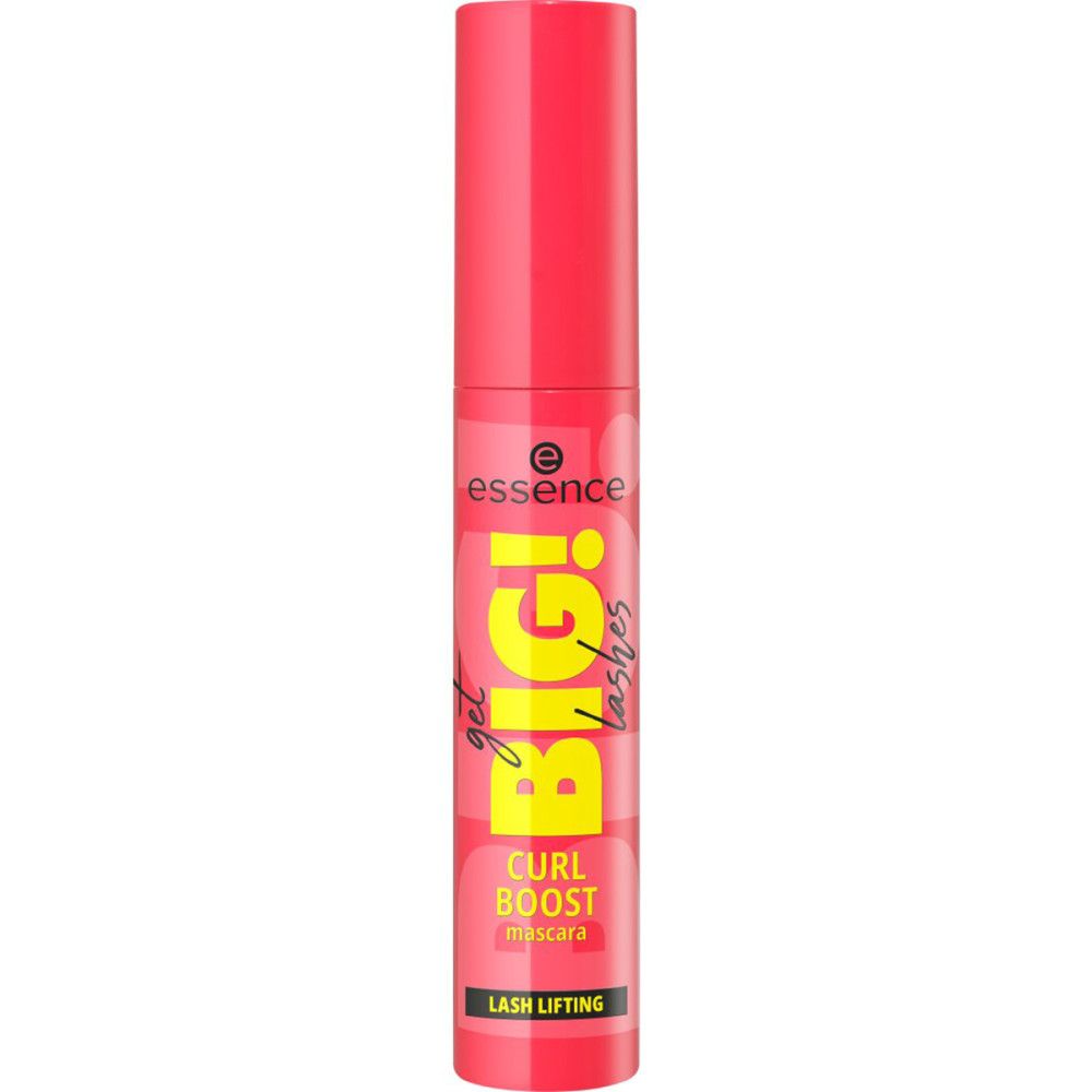 Essence Wimperntusche, pinkfarbene Tube mit gelbem Schriftzug: Big! lashes. Schwarze Schrift: Curl Boost.