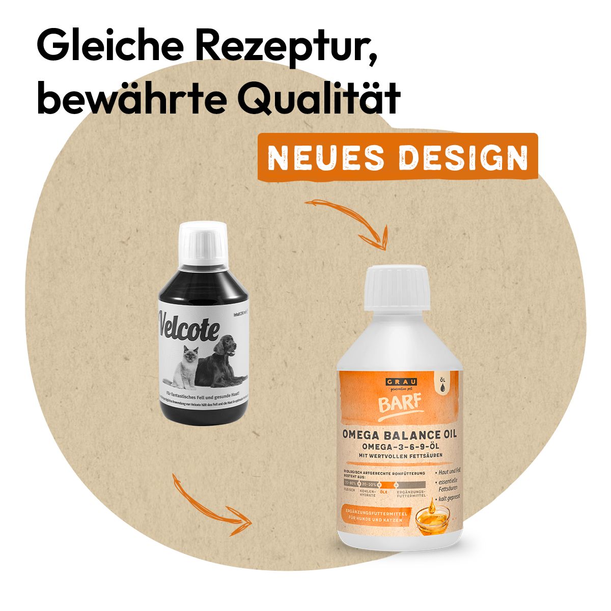 Zwei Flaschen Hundefutterzusatz: Velcote und BARF Omega Balance Oil.