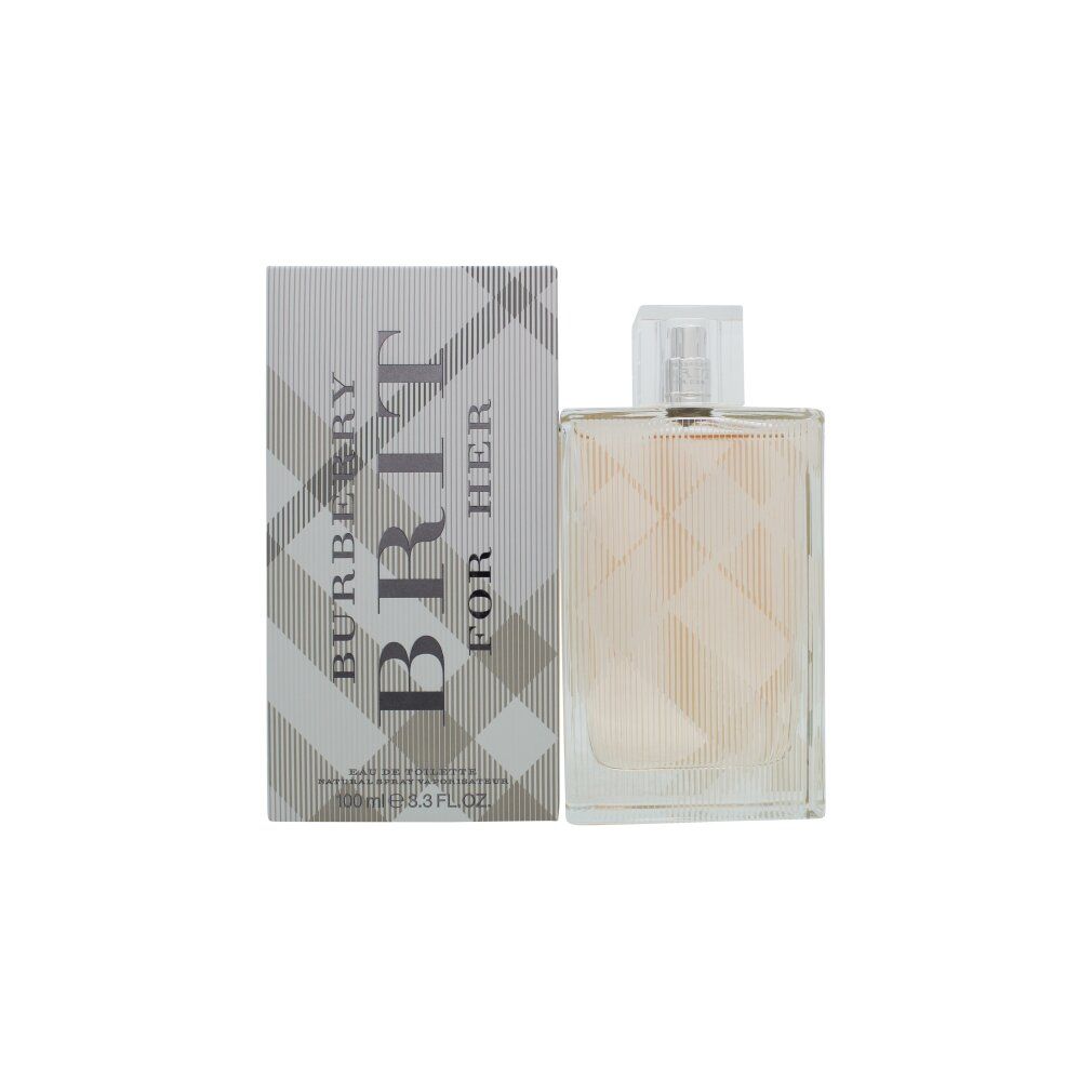 Parfümflakon und Verpackung. Flakon rechteckig, transparent. Verpackung mit Karo-Muster und Schriftzug Burberry Brit for Her.