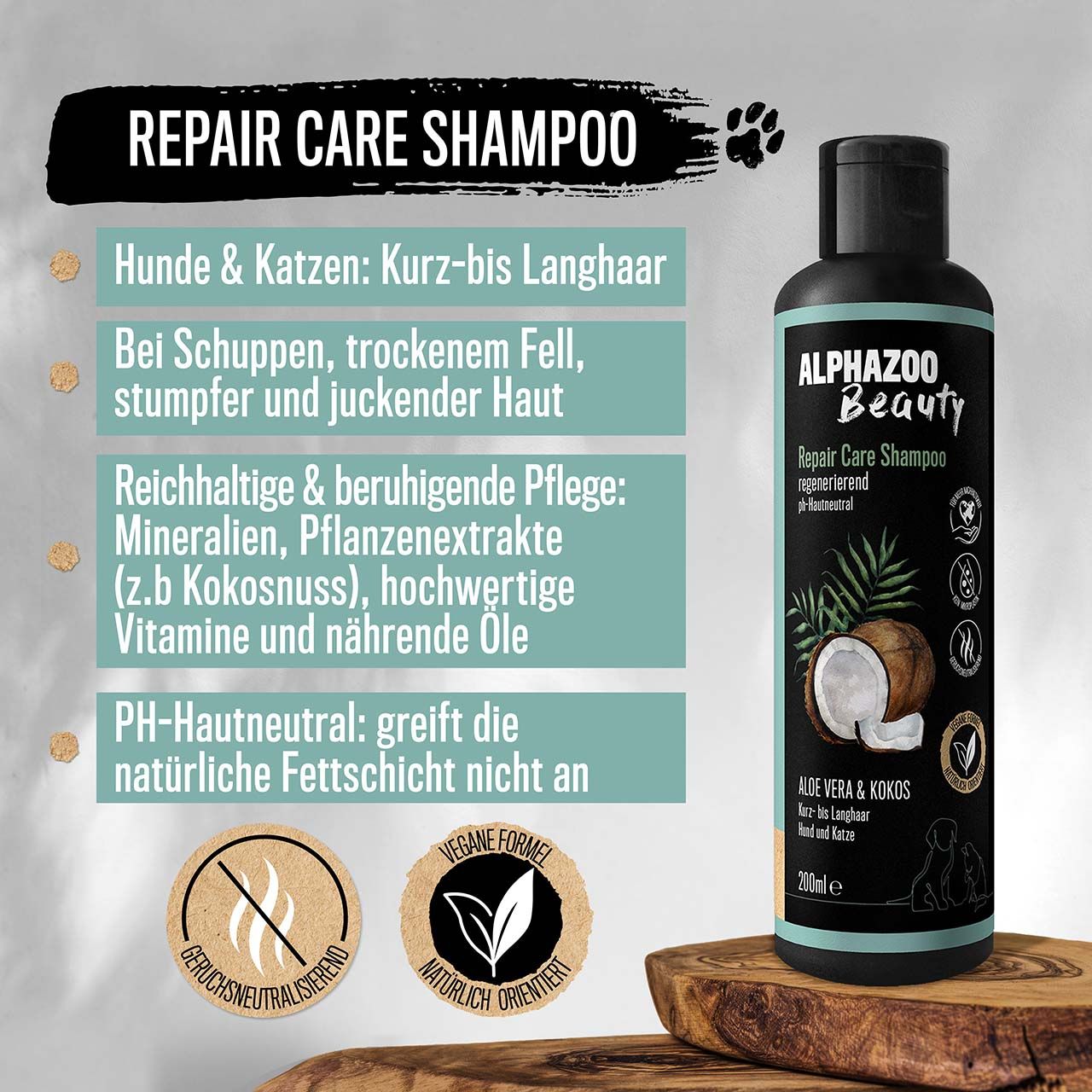 ALPHAZOO Repair Care Shampoo. Text mit Informationen zu Anwendung und Inhaltsstoffen. Logos: geruchsneutral, vegan, natürlich orientiert.