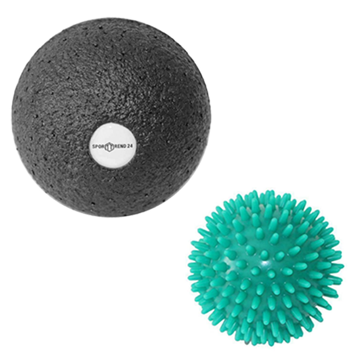 Zwei Massagebälle. Ein schwarzer Faszienball mit Logo. Ein grüner Ball mit Noppen.