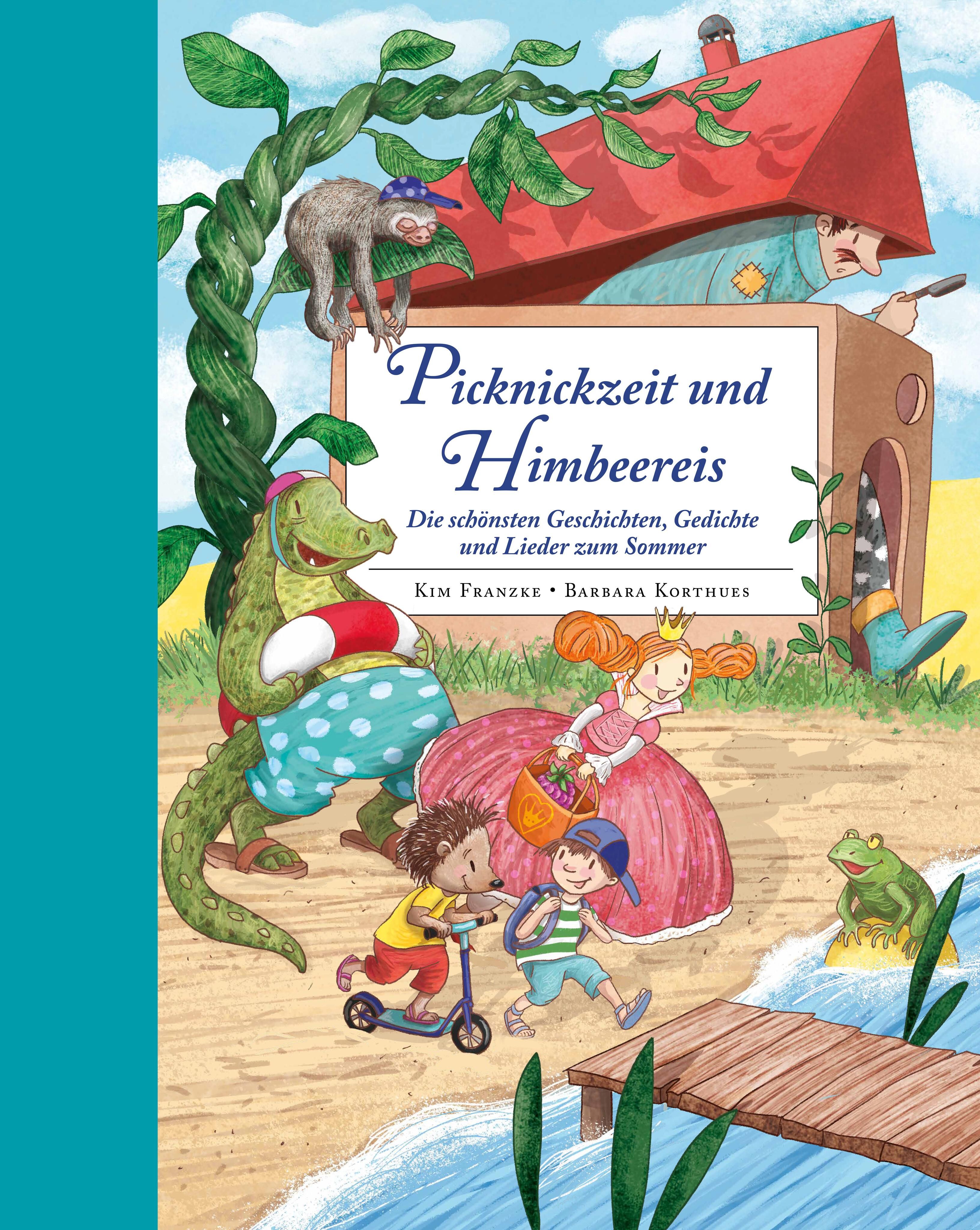 Buchcover mit Illustrationen. Titel: Picknickzeit und Himbeereis. Figuren: Krokodil, Faultier, Prinzessin, Kind. Text: Kim Franzke, Barbara Korthues.