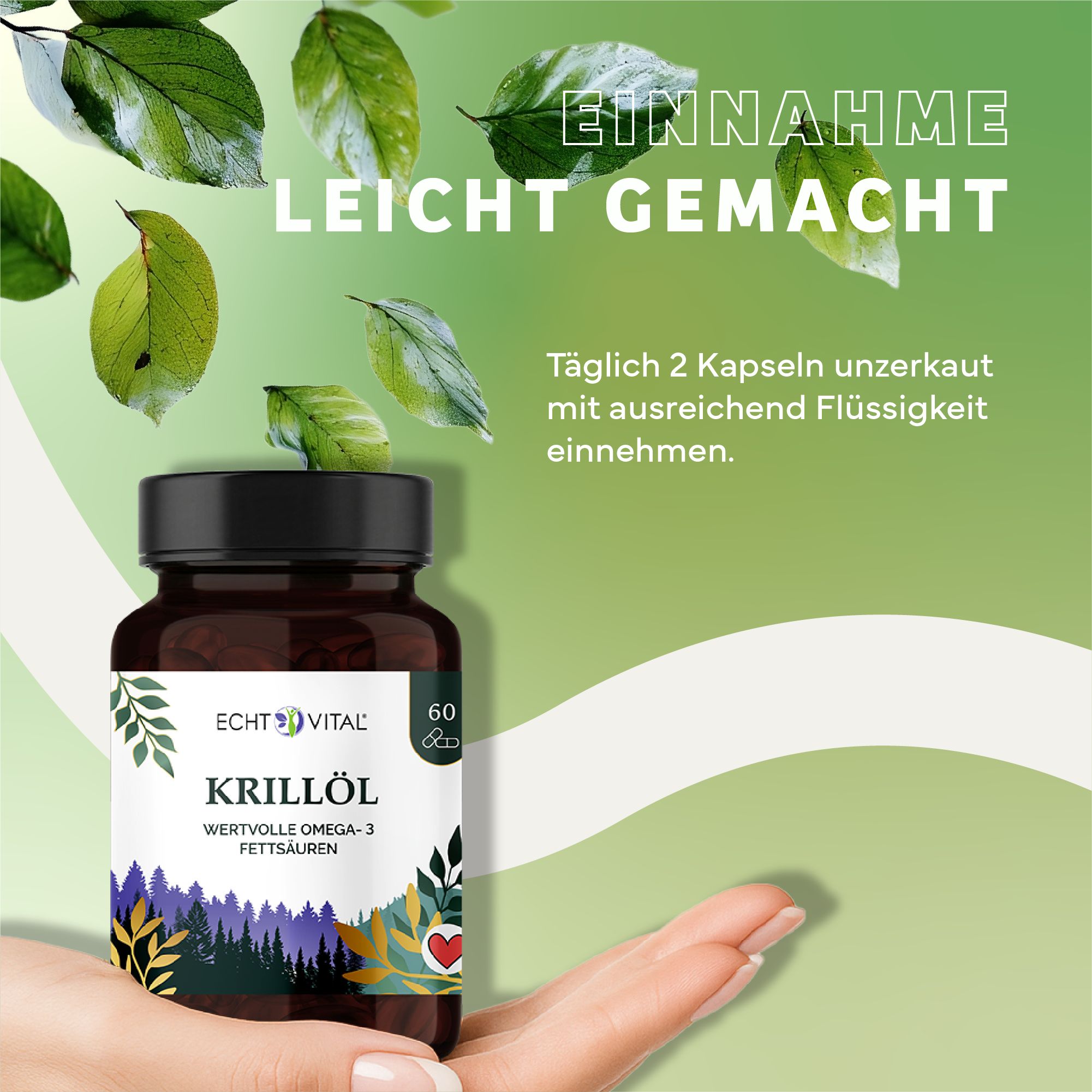 Braune Flasche mit schwarzem Deckel, gehalten in einer Hand. Aufschrift: Echt Vital Krillöl. Text: Wertvolle Omega-3 Fettsäuren. 60 Kapseln.