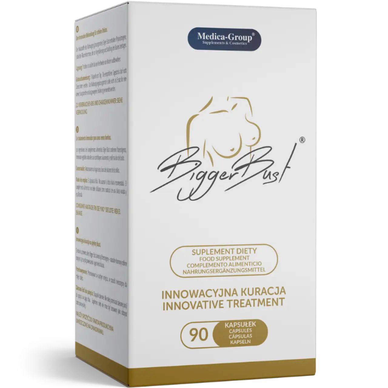 Weiße Schachtel mit Produktaufdruck. Aufschrift: BiggerBust, Medica-Group, 90 Kapseln. Innovative Behandlung. Nahrungsergänzungsmittel.