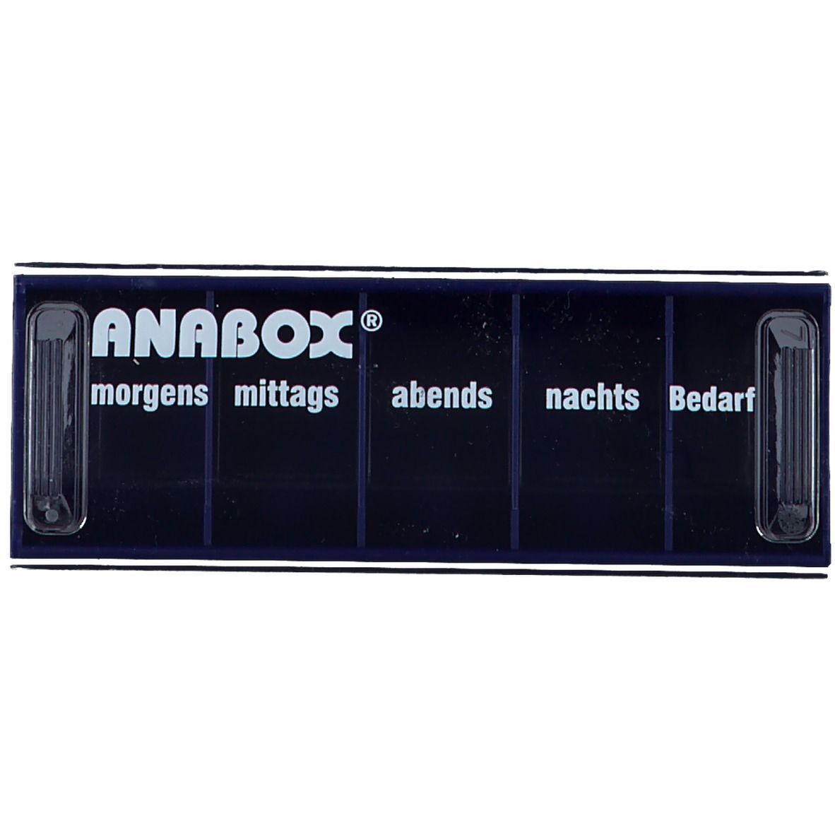 ANABOX® Tagesbox blau, geschlossen. Blaue Box mit 5 Fächern, beschriftet mit 'morgens', 'mittags', 'abends', 'nachts', 'Bedarf'.