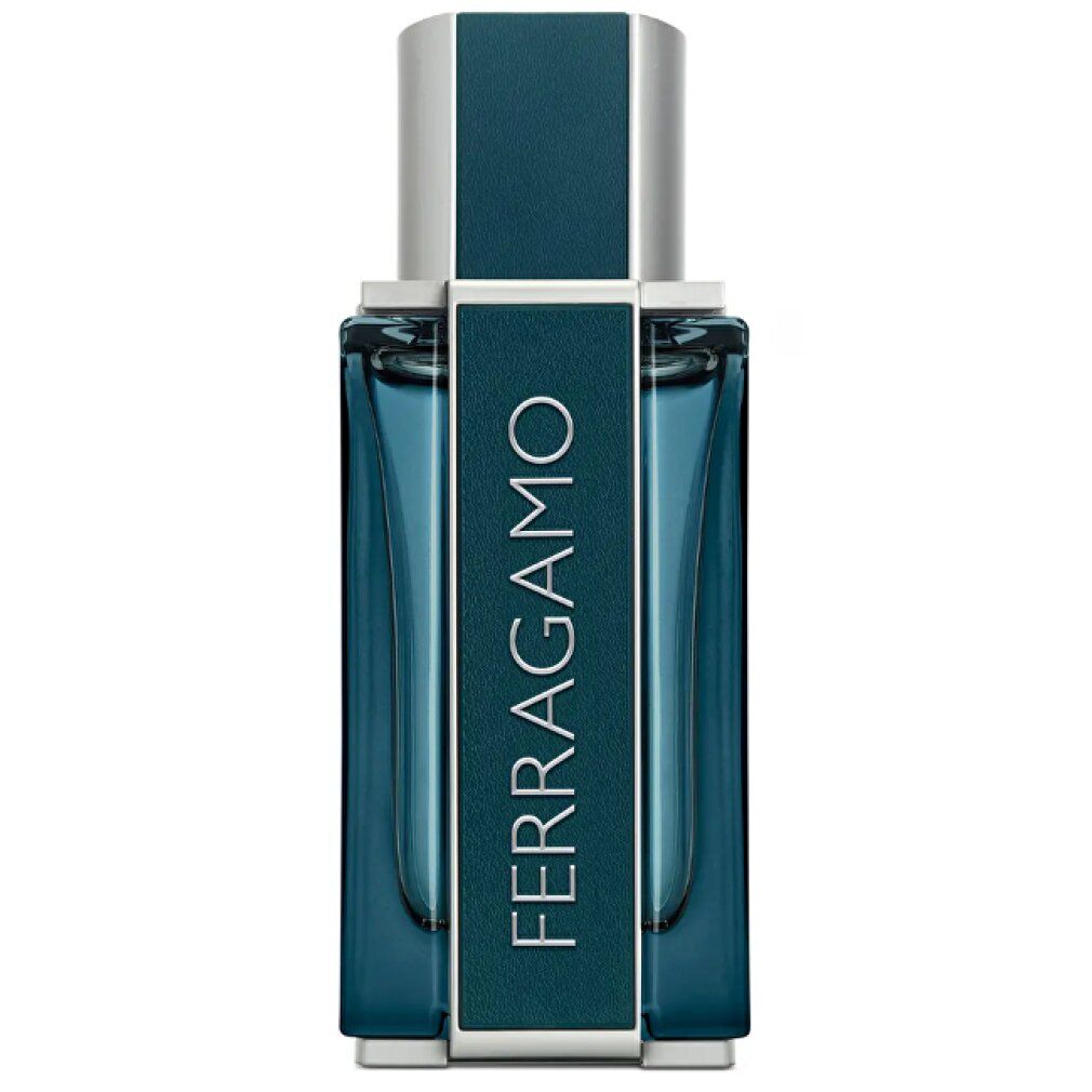 Ferragamo Intense Leather Eau de Parfum Flakon, rechteckig, blau, mit silbernem Verschluss.