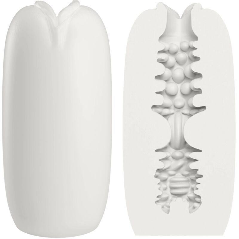 Weißer Masturbator, länglich, mit Blütenform am oberen Ende. Innenstruktur mit Noppen und Rippen.