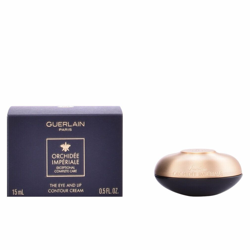 Dunkelblaue Schachtel und Cremebehälter. Auf der Schachtel: Guerlain, Orchidée Impériale, 15 ml, 0.5 fl. oz. Cremebehälter: Gold und Schwarz.