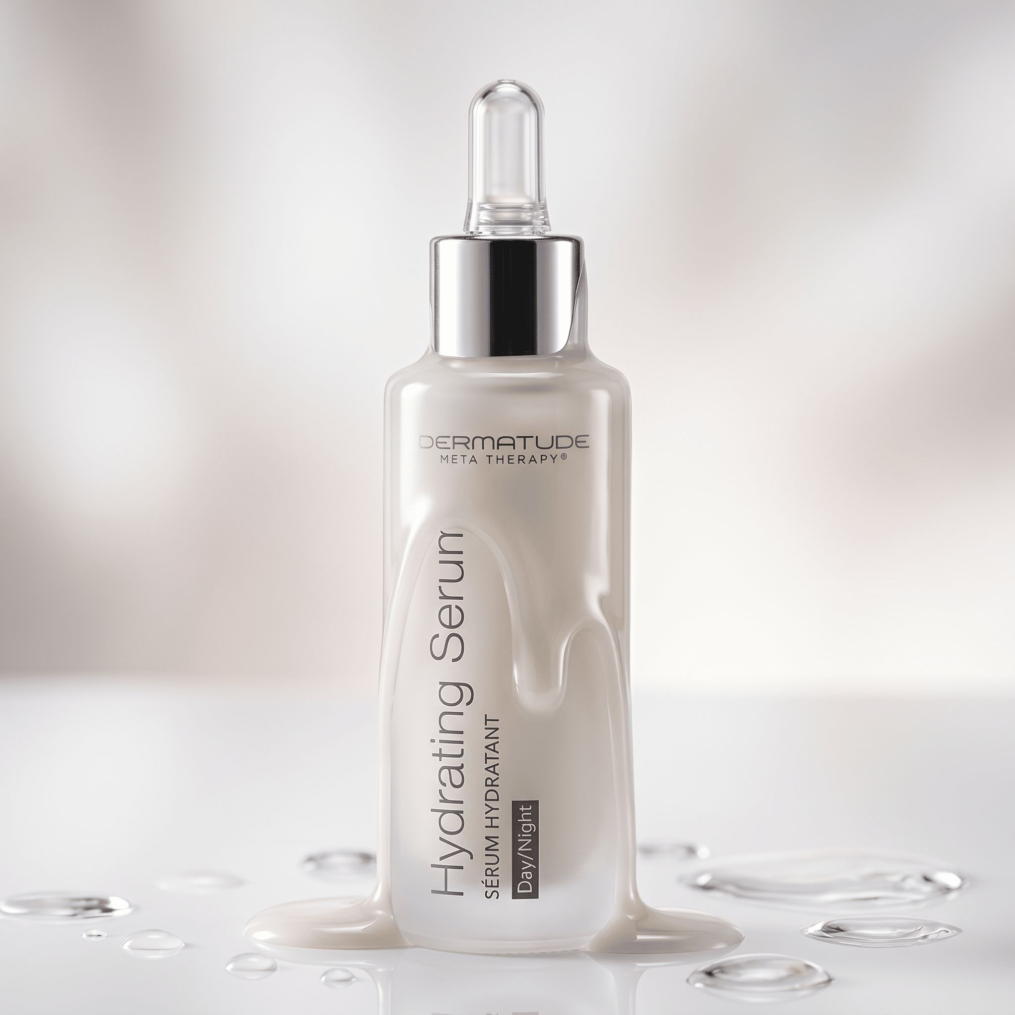 Eine Flasche feuchtigkeitsspendendes Serum mit glitzernder Flüssigkeit, die herunterläuft.