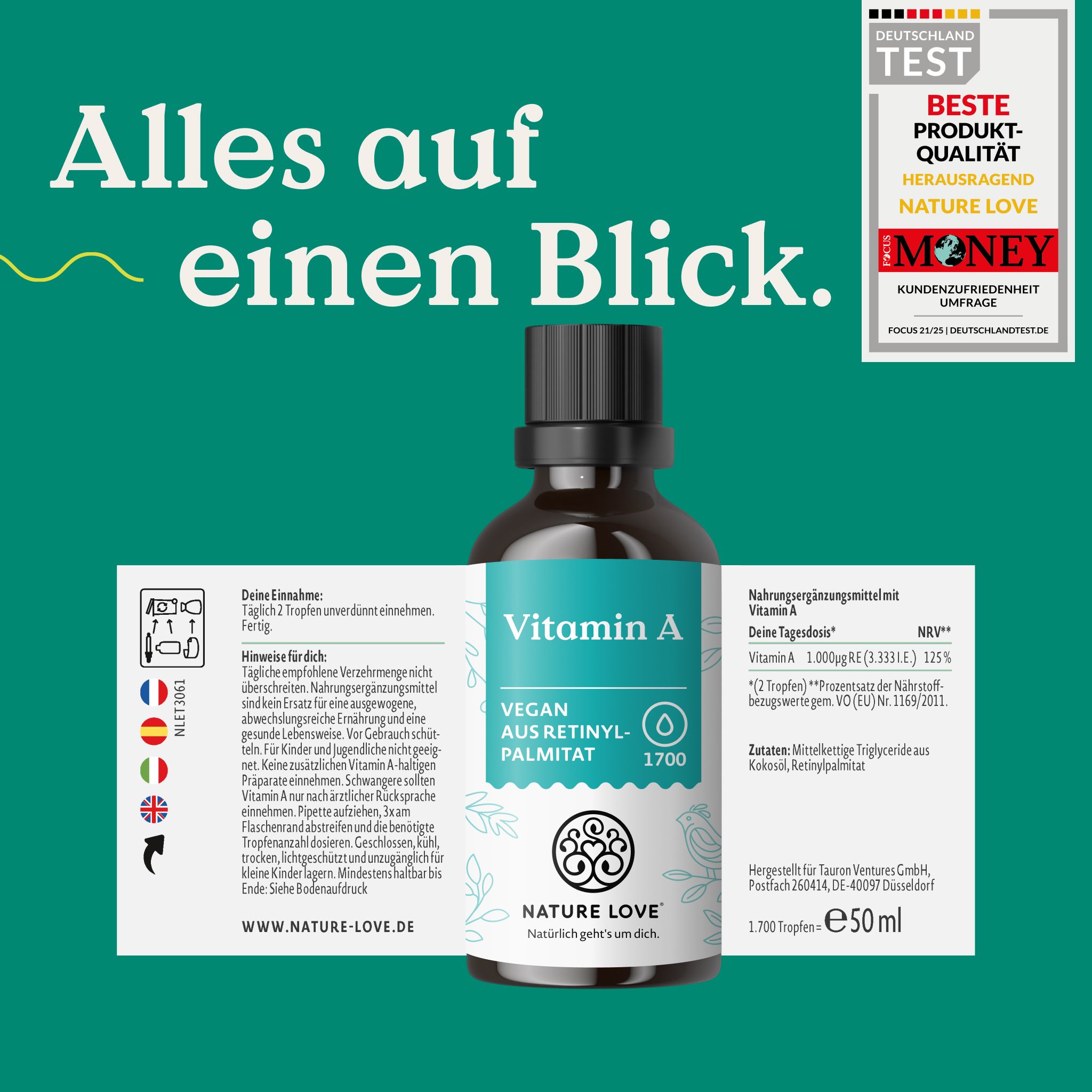 Flasche mit Vitamin A Tropfen, Etikett mit Nährwertangaben und Siegeln, "Beste Produkt-Qualität".