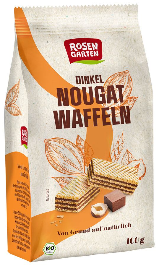 Verpackung mit Rosengarten Dinkel-Nougat-Waffeln. Aufdruck: Dinkel Nougat Waffeln, 100g, Bio-Siegel. Waffeln und Nougatstückchen.
