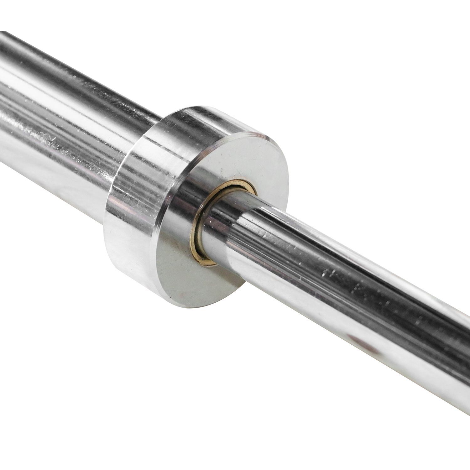 Nahaufnahme eines silberfarbenen Langhantel-Endes. Zylindrischer Griff mit Scheibenaufnahme und Lager.