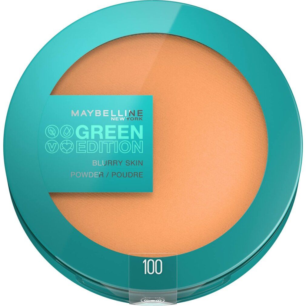 Runder Behälter mit grünem Deckel und orangefarbenem Puder. Aufschrift: Maybelline New York, Green Edition, Blurry Skin, 100.