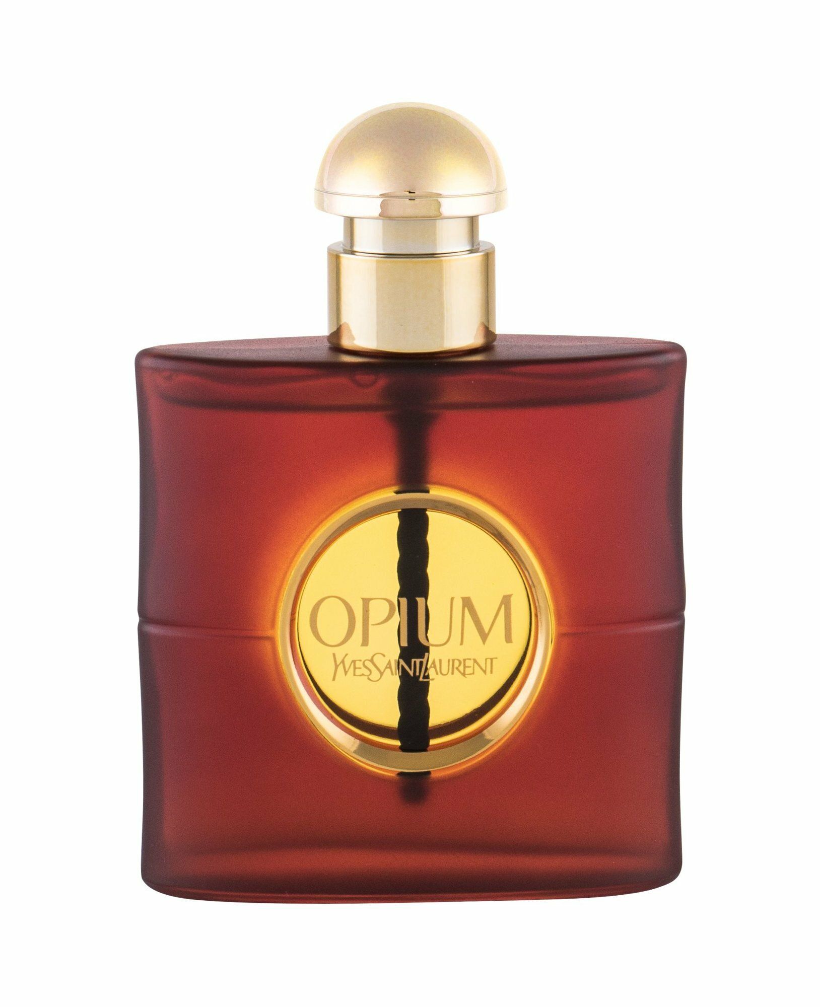 Dunkelroter Flakon mit goldenem Verschluss. Aufkleber mit "Opium" und "Yves Saint Laurent". Schwarze Kordel.