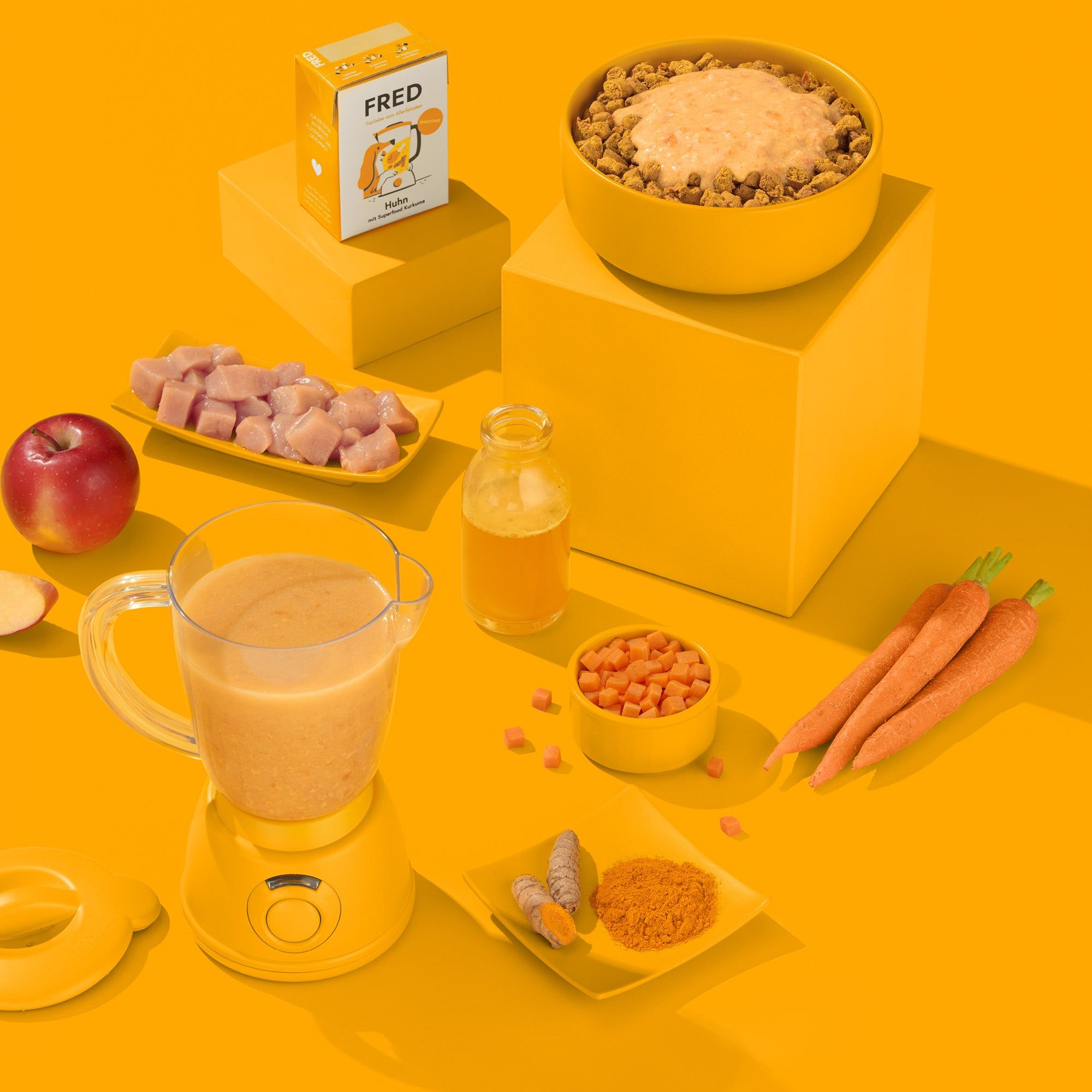 Gelbes Arrangement mit Zutaten: Würfel, Apfel, Karotten, Smoothie, Blender, Schüssel mit Futter.
