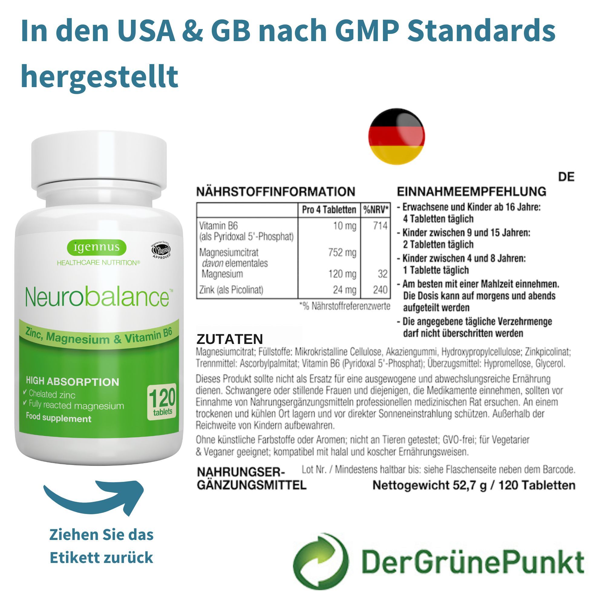 Weiße Flasche mit Tabletten, Etikett mit Informationen. Text: In den USA & GB nach GMP Standards hergestellt. Nährwertinformationen. Einnahmeempfehlung.