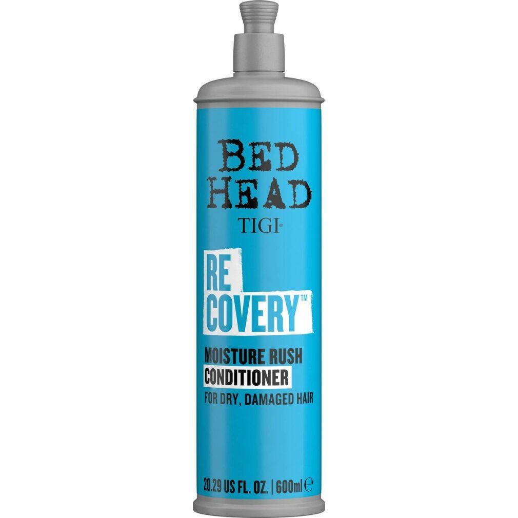 Blau-graue Flasche mit Pumpe. Bed Head Tigi Recovery Conditioner. Text: Moisture Rush, für trockenes, geschädigtes Haar. 600ml.
