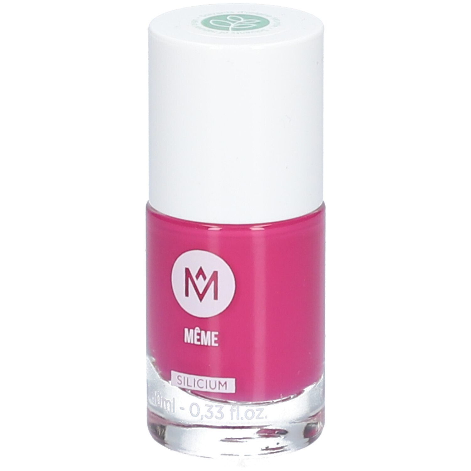 Nagellackflasche, bonbonrosa. Weißer Deckel, transparente Glasflasche. Logo MÊME, Schriftzug SILICIUM.