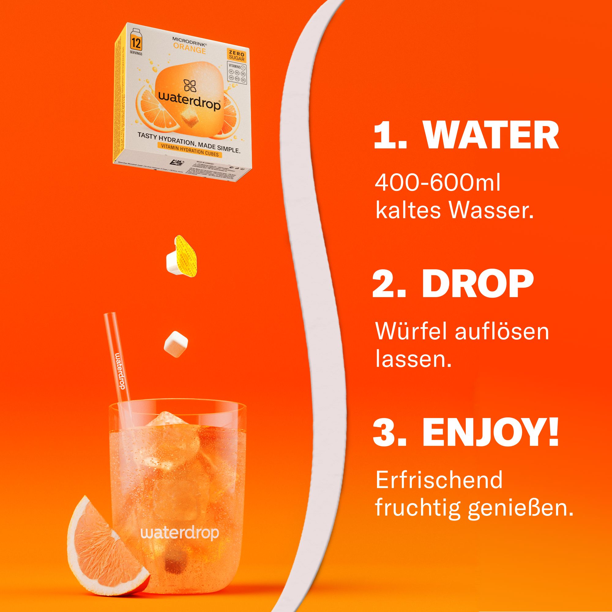 Produktverpackung und Glas mit Getränk. Schritt-für-Schritt-Anleitung: Wasser, Würfel auflösen, genießen. Orange und Würfel.