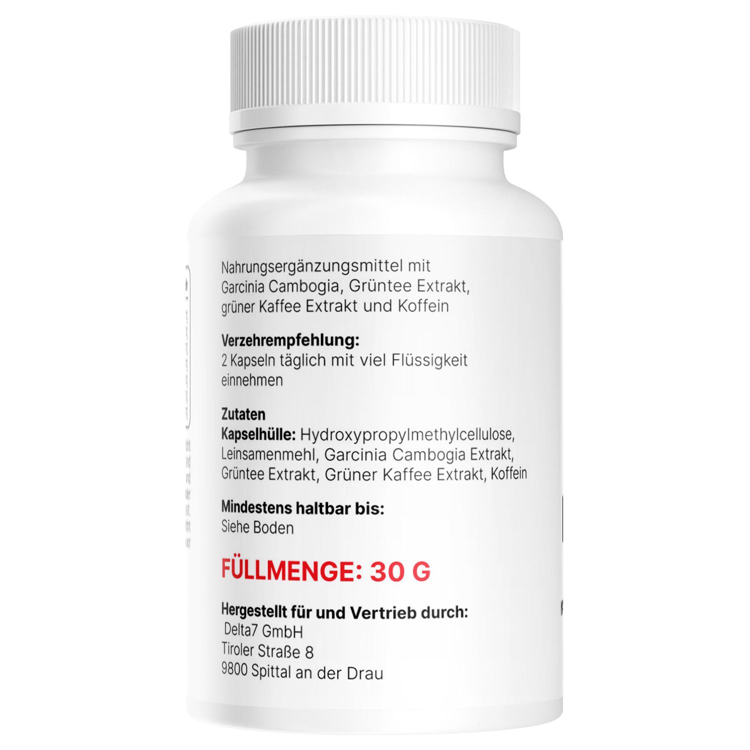 Rückseite der weißen Flasche. Text: Nahrungsergänzungsmittel mit Inhaltsstoffen. Füllmenge: 30 g. Herstellerinformationen.