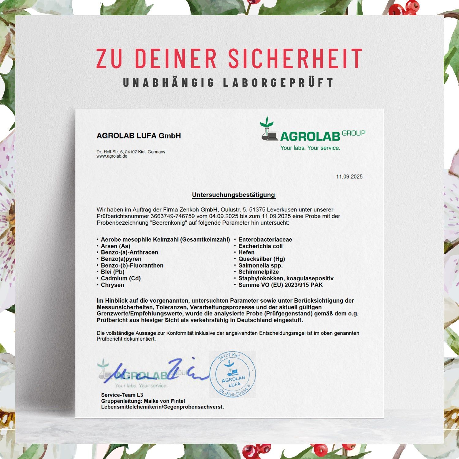 Zertifizierungsdokument von Agrolab LUFA GmbH. Unabhängig laborgeprüft. Untersucht auf verschiedene Parameter.